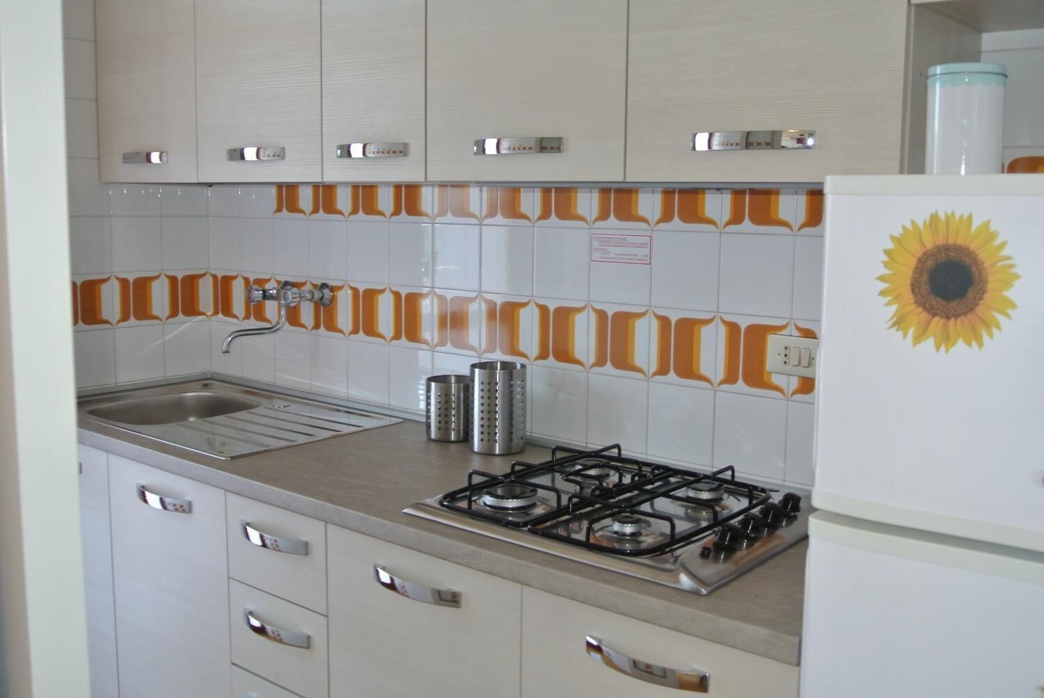 A kitchen with white cabinets, a stainless steel sink, a gas stove, and a refrigerator with a sunflower decal.