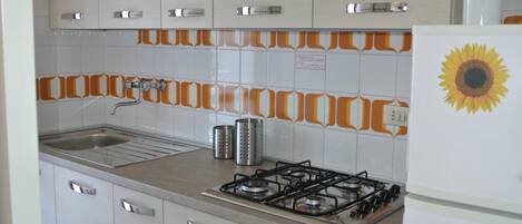 A kitchen with white cabinets, a stainless steel sink, a gas stove, and a refrigerator with a sunflower decal.