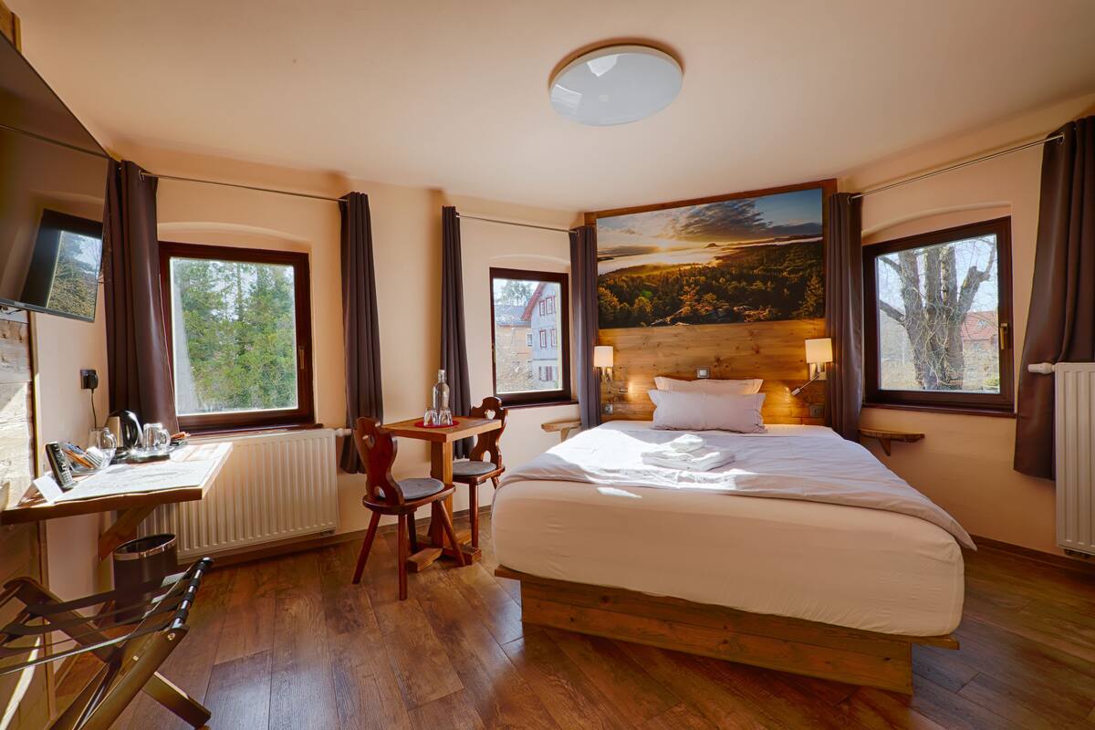 A hotel room with a large bed, a desk with a chair, a radiator, and a painting on the wall.