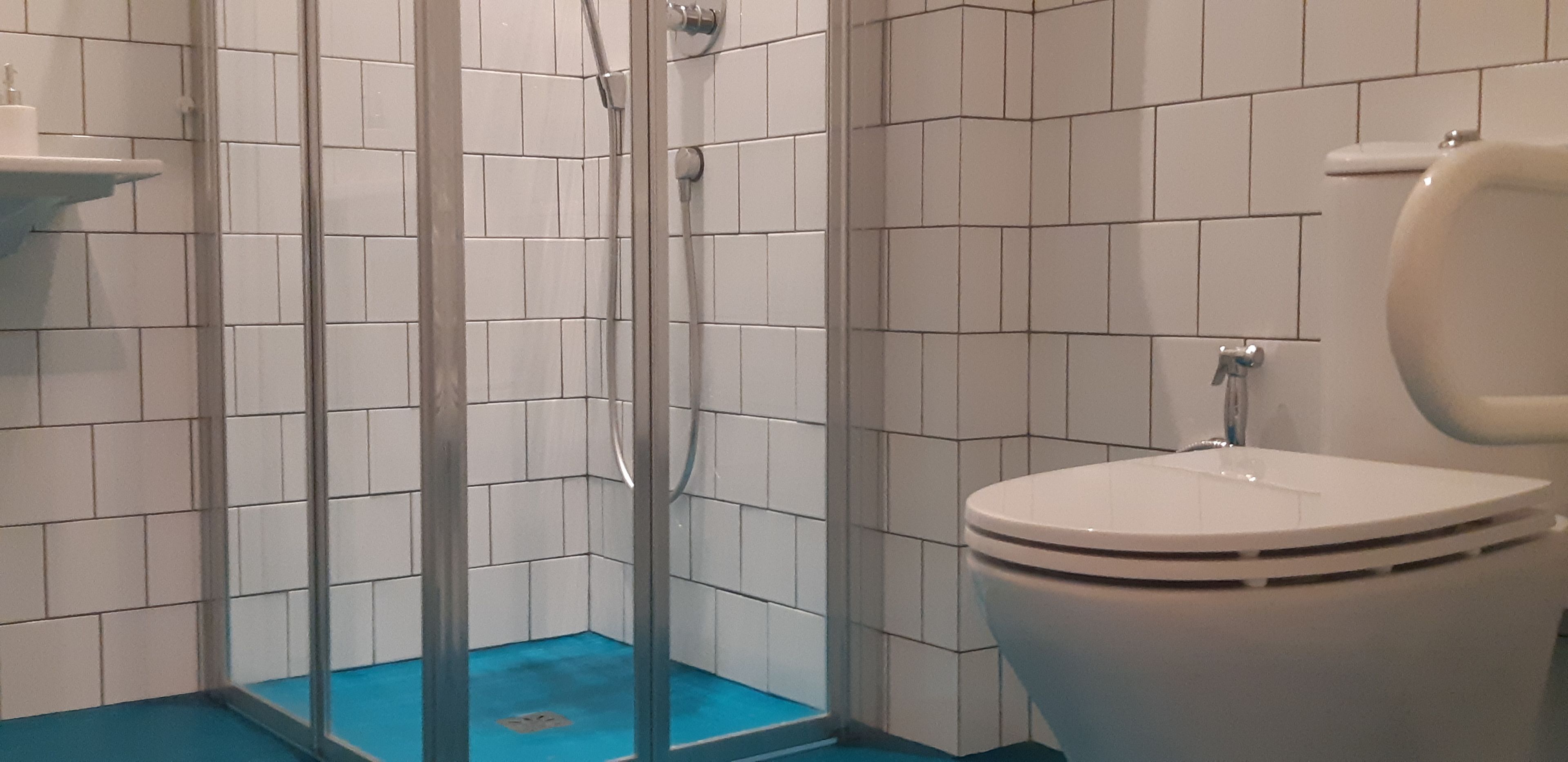 A bathroom with white tiled walls, a shower with glass doors, and a white toilet.