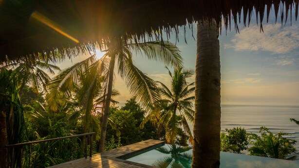 A poolside area with a view of the ocean, surrounded by palm trees and a wooden deck.