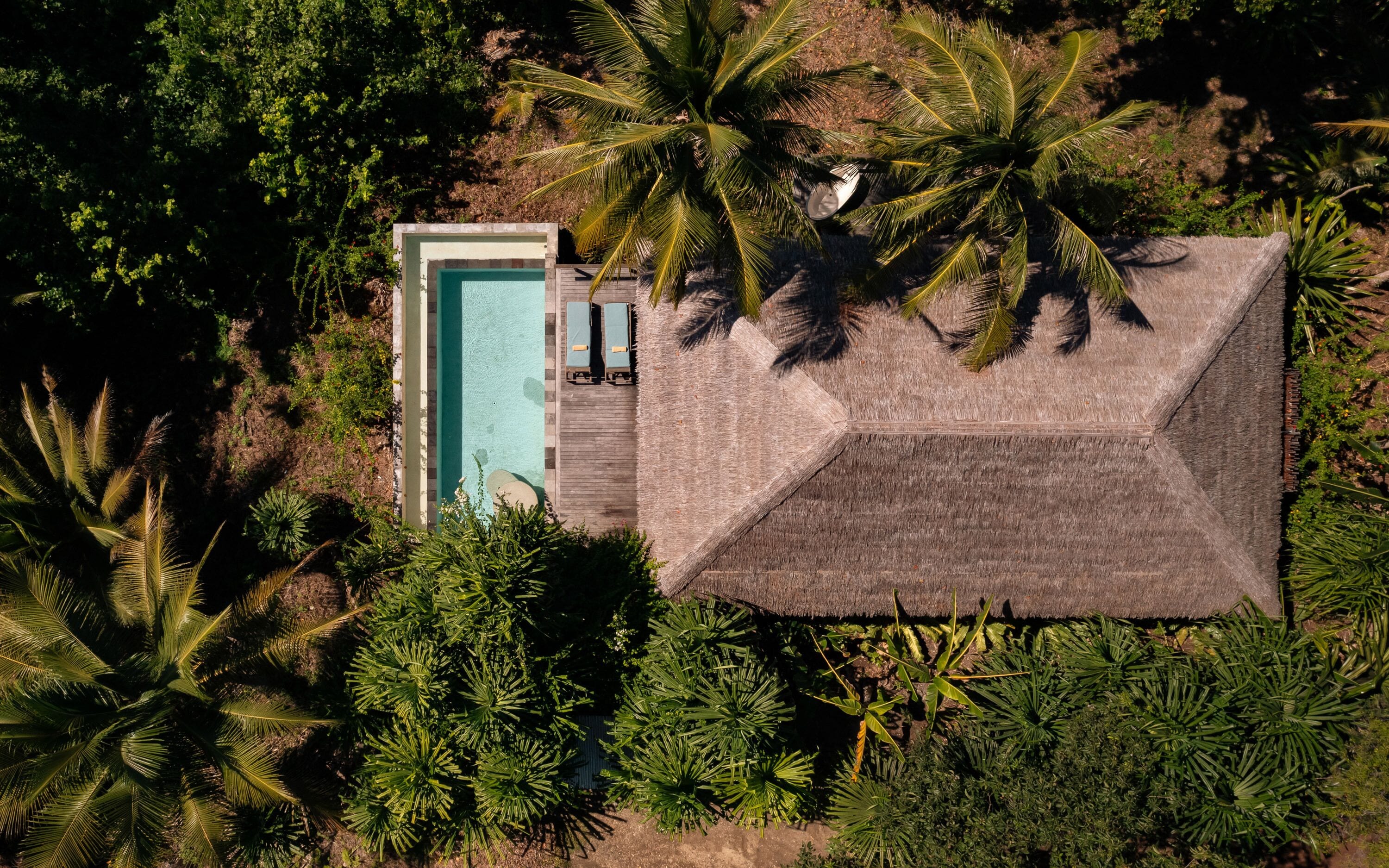 Una estructura con techo de paja, piscina y terraza de madera.