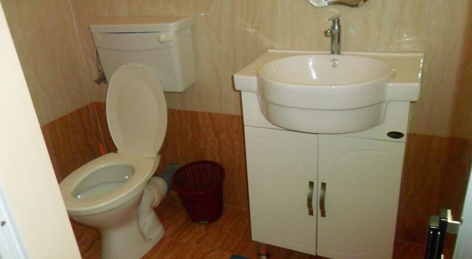 Une salle de bain avec des toilettes, un lavabo et des placards.