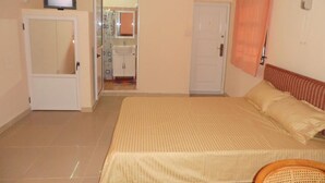 Un dormitorio con una cama, televisión, ventilador y un baño visible a través de una puerta abierta.