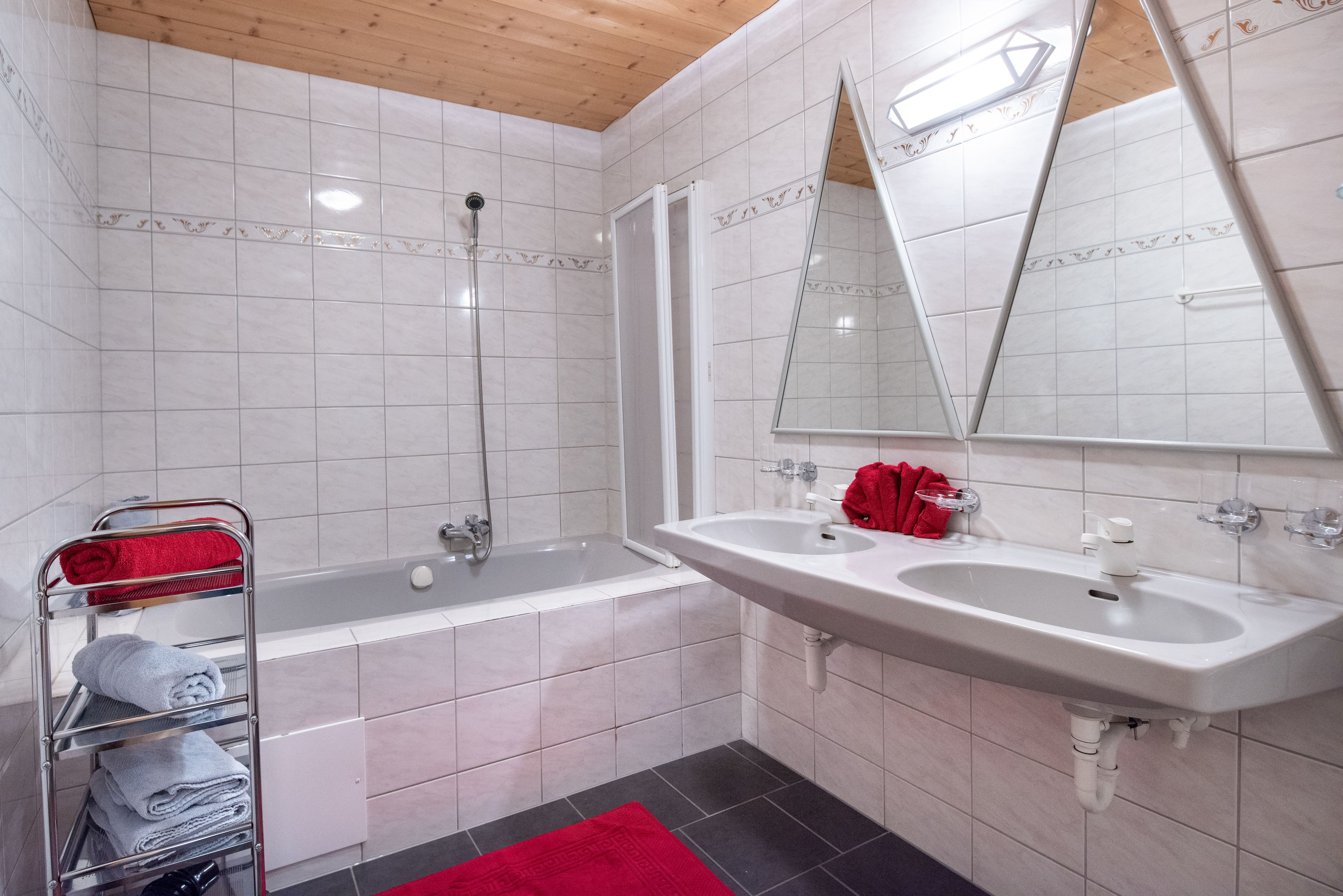 Un baño con dos lavamanos, una ducha y un espejo.