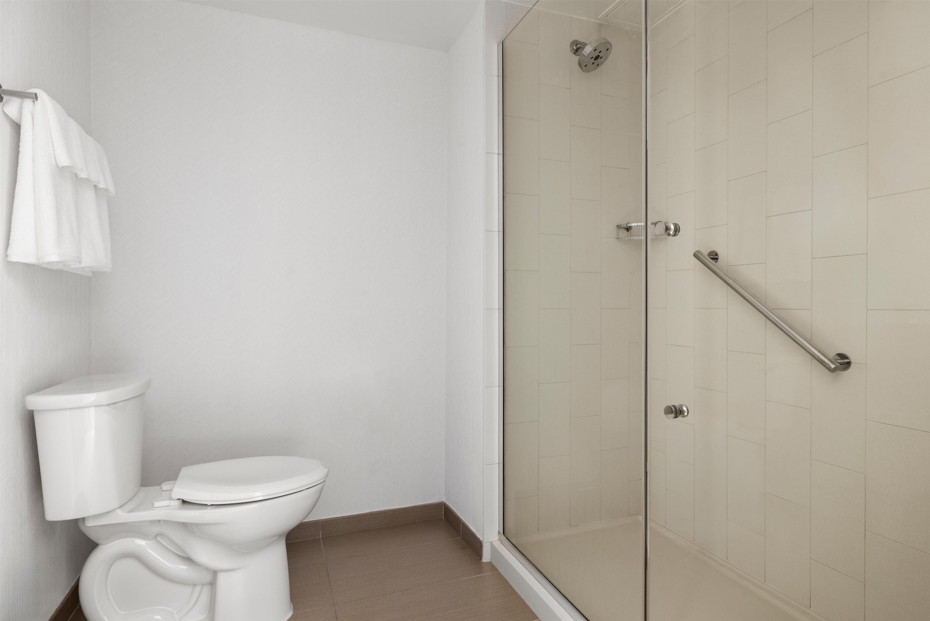 A bathroom with a toilet, a glass shower enclosure, and a towel rack.