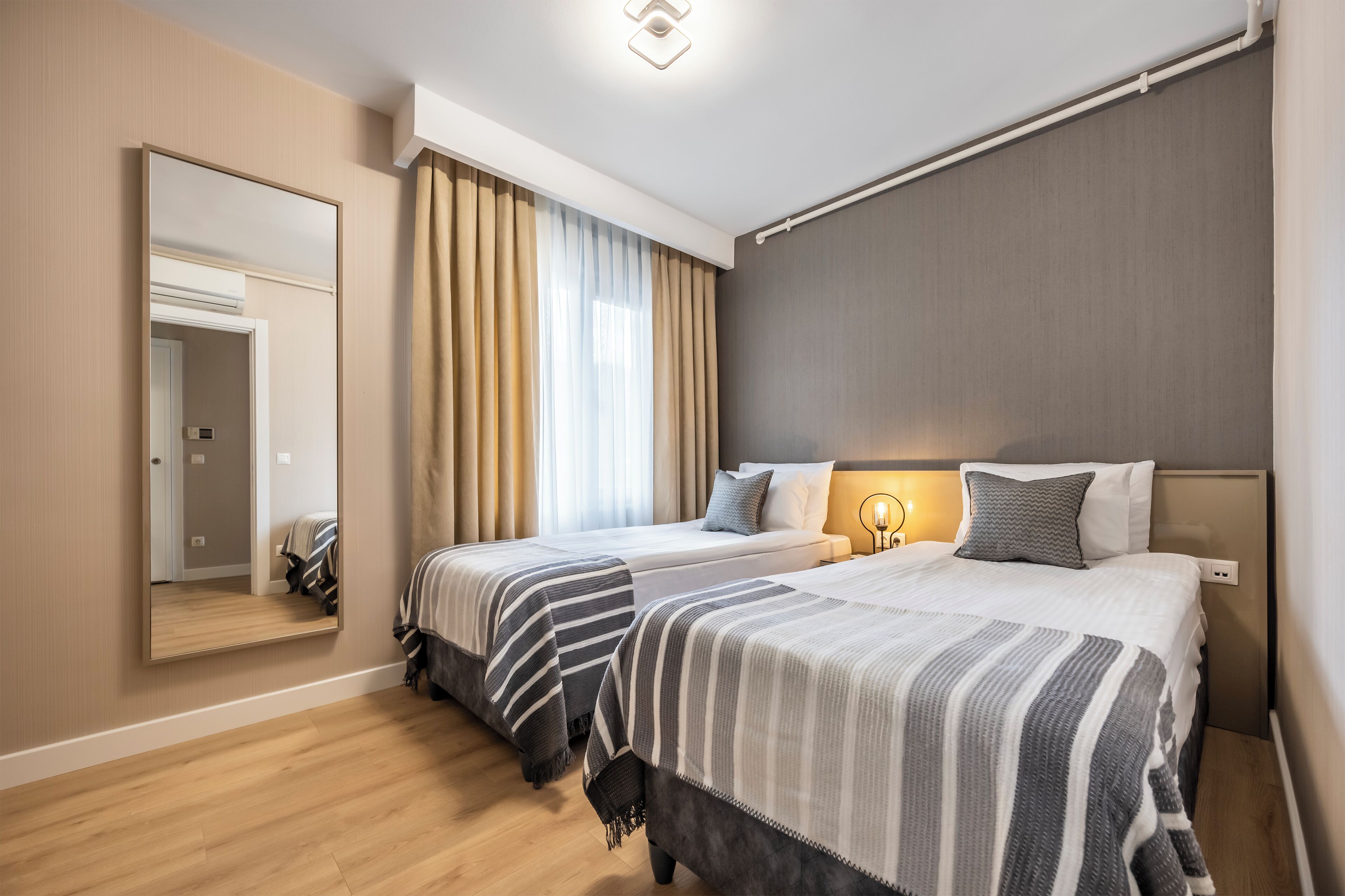 Desk, laptop workspace, blackout curtains, soundproofing