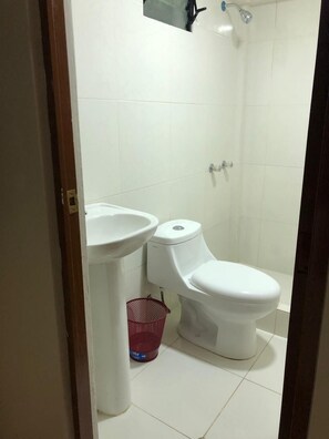 Shower, towels, soap, toilet paper