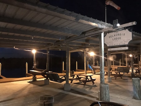 Outdoor dining. Cabins and Boat dock "Delacroix Island, Louisiana"