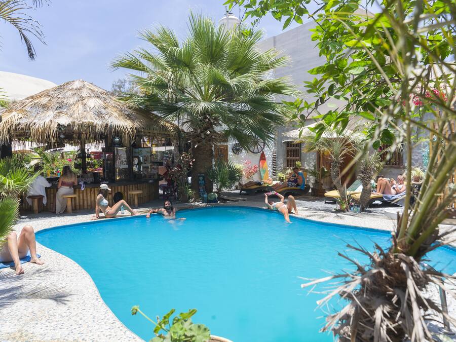 A pool area with a thatched-roof bar, palm trees, and lounge chairs.