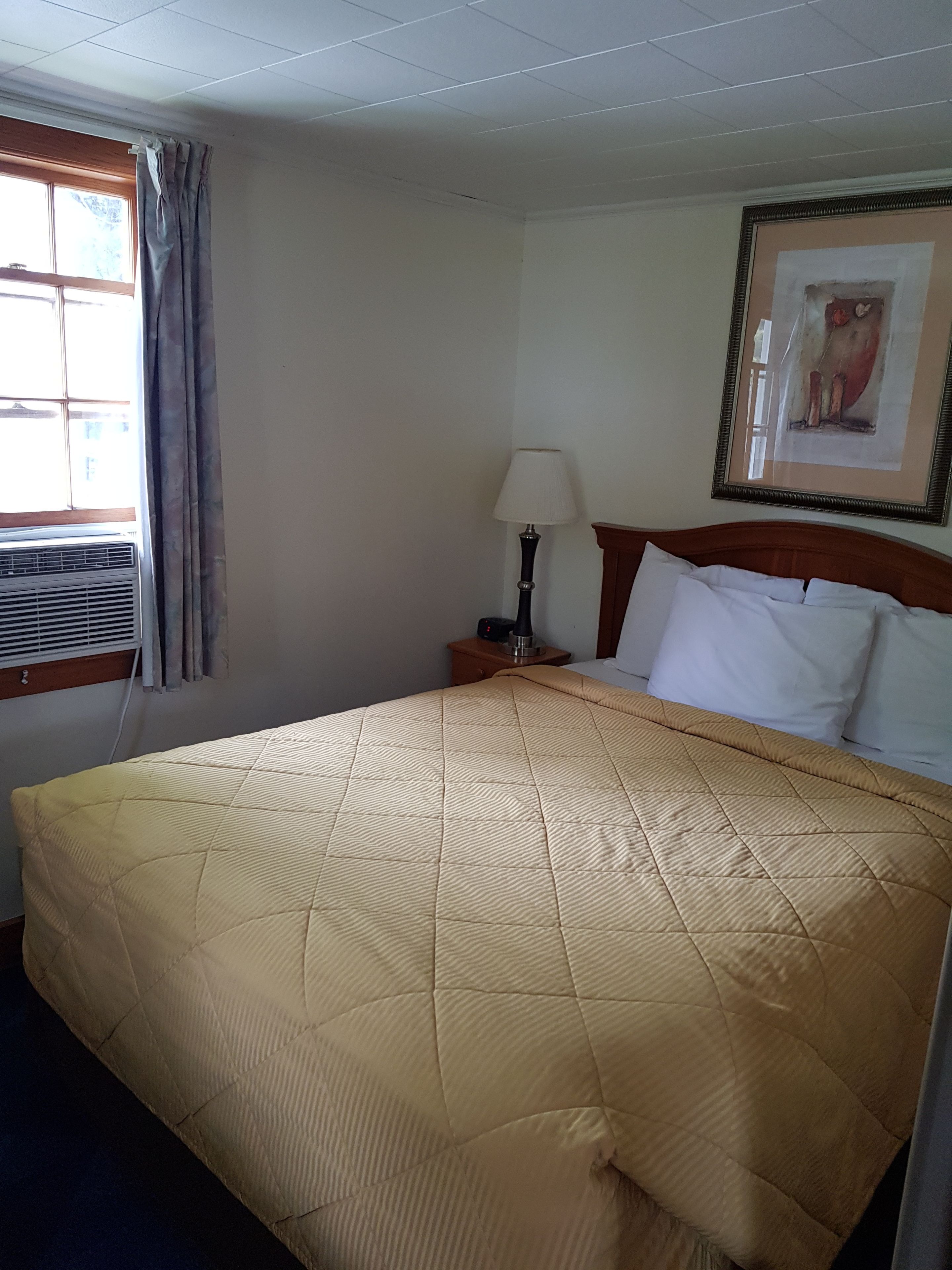 A hotel room with a bed, a bedside table with a lamp, a window with curtains, and a framed picture on the wall.