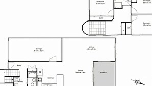 A floor plan with a living room, kitchen, dining area, two bedrooms, a bathroom, a garage, and an alfresco area. - Seaside Living, Steps to the Beach (LONG BEACH)