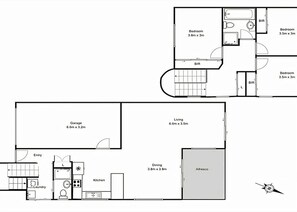 A floor plan with a living room, kitchen, dining area, two bedrooms, a bathroom, a garage, and an alfresco area. - Seaside Living, Steps to the Beach (LONG BEACH)