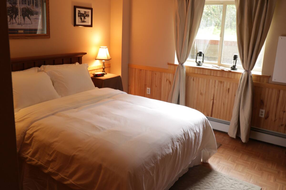 A hotel room with a large bed, a nightstand with a lamp, a window with curtains, and a framed picture on the wall.