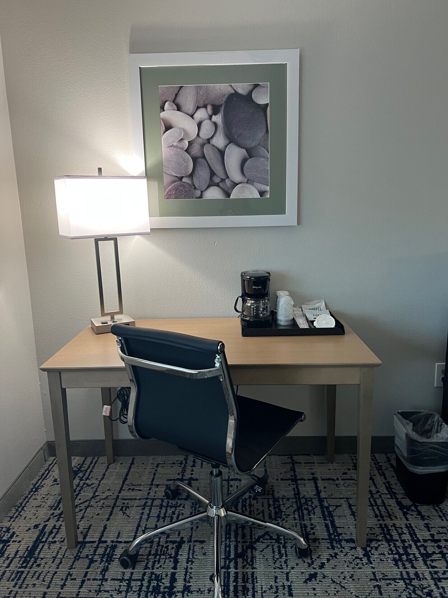 desk, laptop workspace, blackout curtains, iron/ironing board