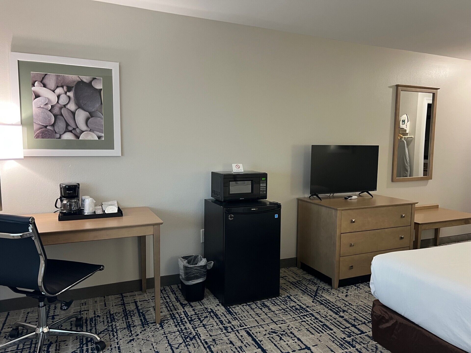 basic single room | desk, laptop workspace, blackout curtains, iron/ironing board