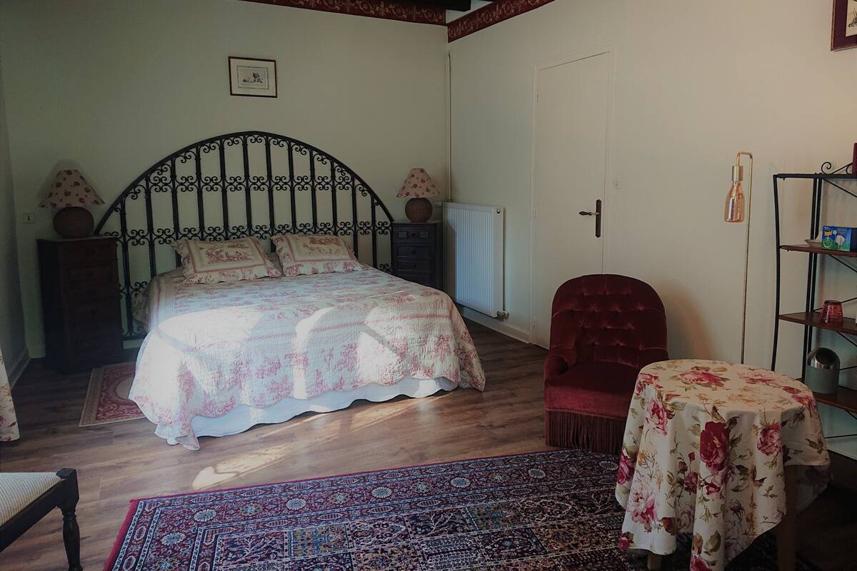 Een slaapkamer met een bed, een rode fauteuil, een klein tafeltje, een radiator, een houten dressoir en een tapijt met dessin.