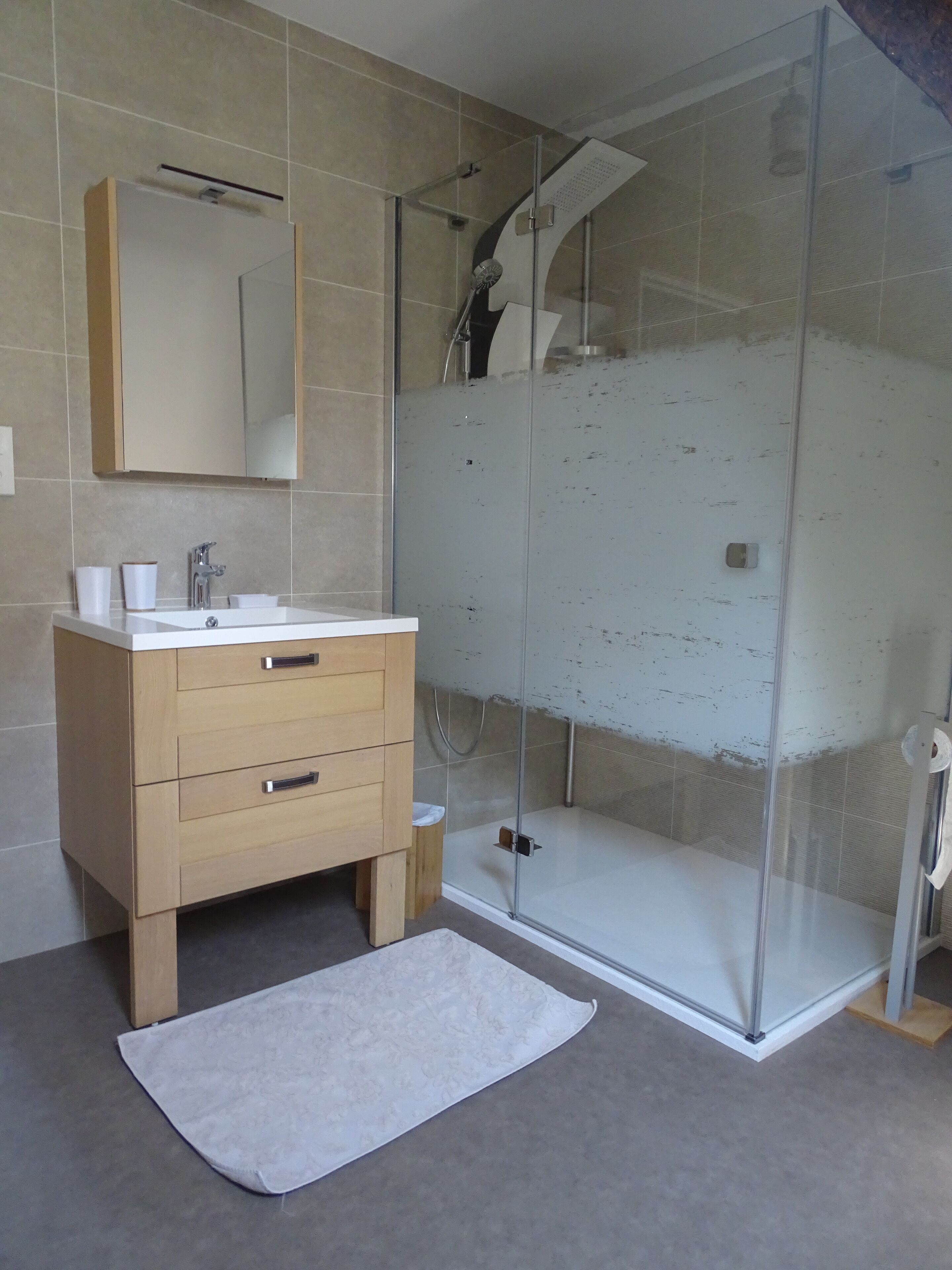 A modern bathroom with a glass-enclosed shower, a wooden vanity with drawers, and a mirror above the sink.