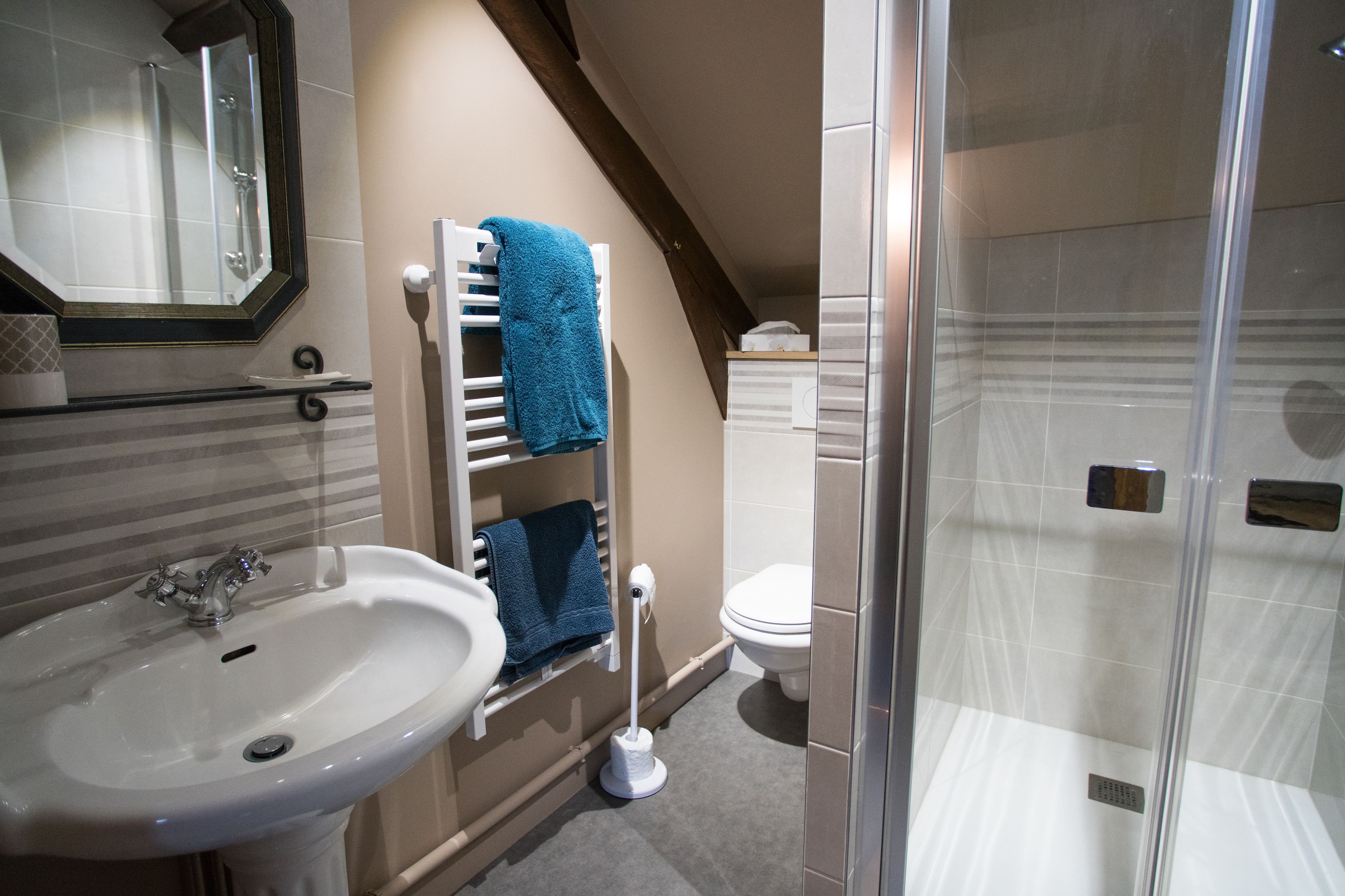 Une salle de bain avec un lavabo, des toilettes et une douche.