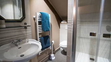 Une salle de bain avec un lavabo, des toilettes et une douche.