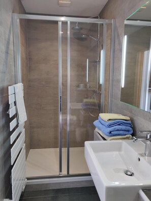Dusche, Haartrockner, Seife, Toilettenpapier