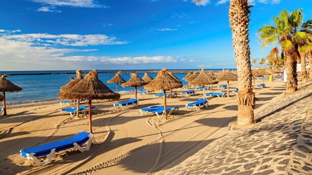 A beach with thatched umbrellas, sun loungers, and palm trees. - Apartment with large terrace and beautiful pool view, solarium, private parking (Costa Adeje)