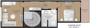 A junior suite layout with a living room, kitchen, wardrobe, bathroom, bedroom, and balcony. - Sadaret Suites in Old City-Best Group Hotels  (Istanbul)