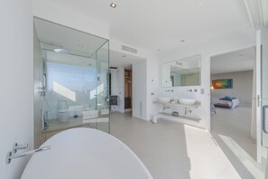 Bathtub, hair dryer, towels