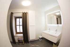Shower, towels, toilet paper