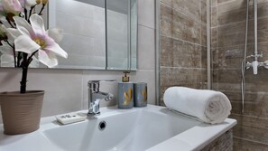 Combined shower/tub, hair dryer, slippers, towels