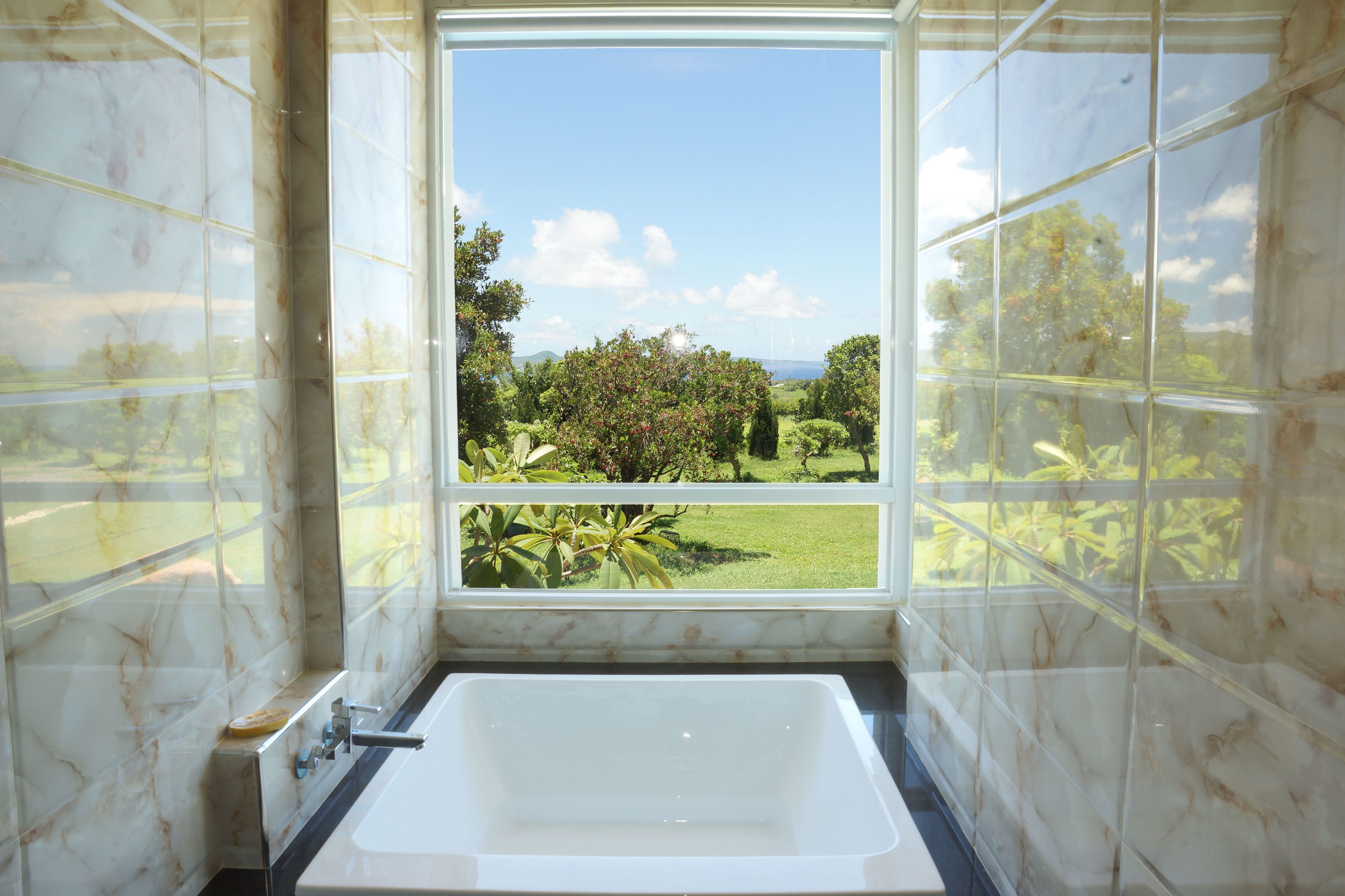 A bathroom with a large window, a bathtub, and marble walls.