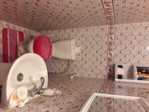 Hair dryer, towels, soap, shampoo