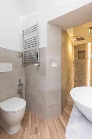 Hair dryer, towels, soap, shampoo