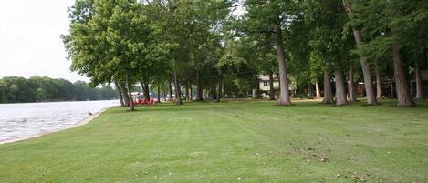 A grassy park area with trees and a lake.