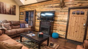 Smart TV, fireplace, DVD player, foosball