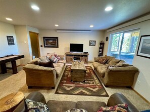 TV, fireplace, foosball