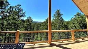 A wooden deck with a metal railing, overlooking a forested area with clear skies.