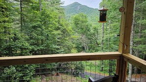 A wooden deck with a metal railing, overlooking a forested area with a mountain in the background. - Cedar Bear Cabin - Cozy Mountain View Couples Retreat (Franklin)