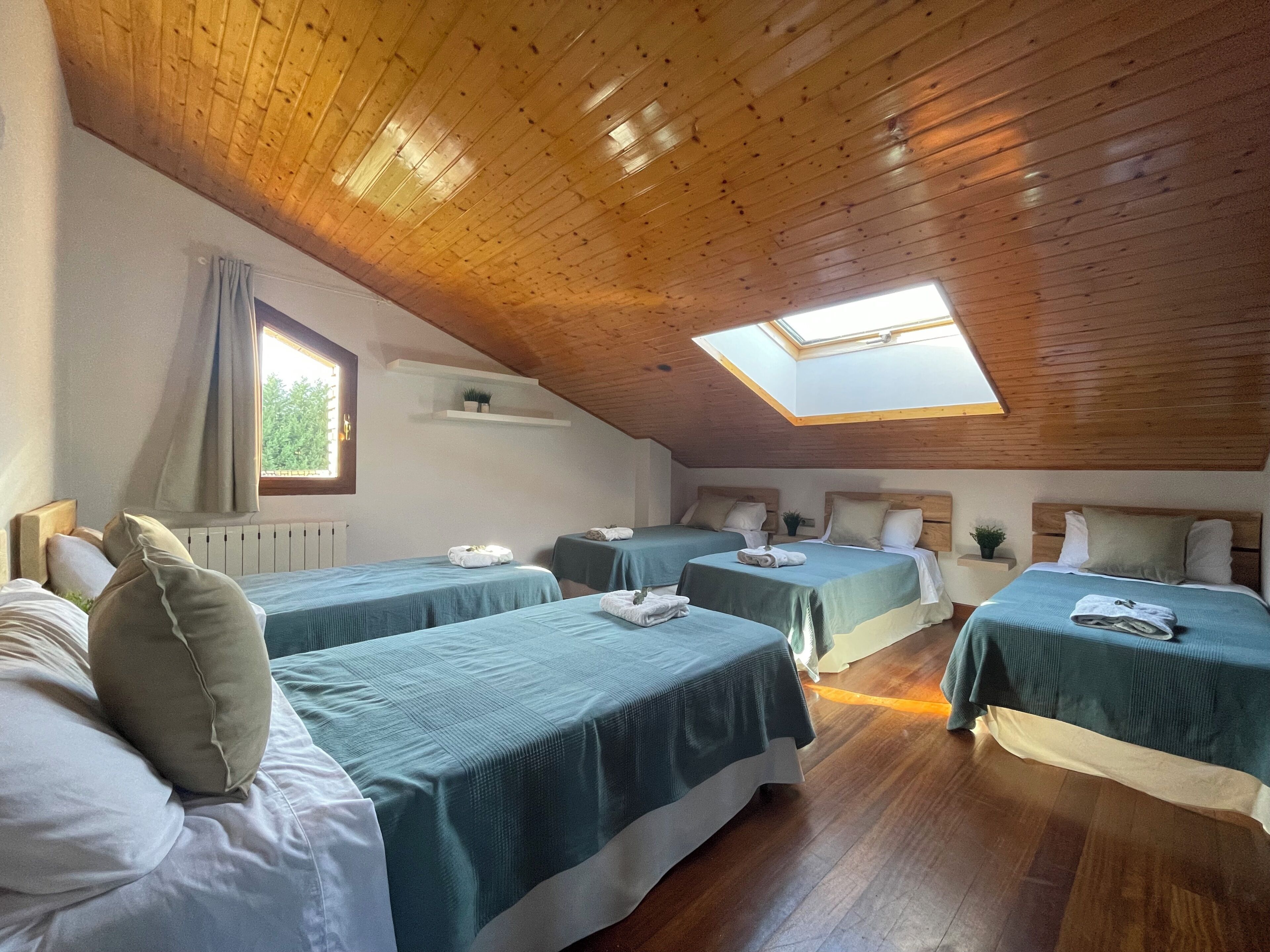 A room with wooden ceiling beams, two beds with blue bedding, a skylight, a window with a view, and a radiator.