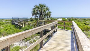 A wooden boardwalk leading to a beach with a palm tree and a clear blue sky.