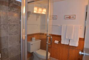 Um banheiro com chuveiro em cabine de vidro, vaso sanitário e painéis de madeira.