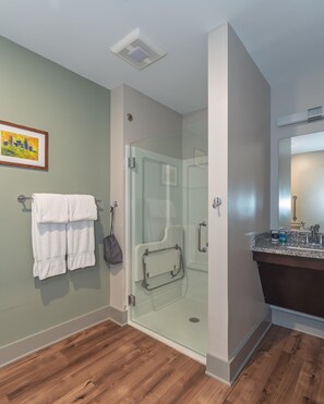 Shower, hair dryer, towels - ADA Studio King Suite w/ Kitchen | 102 (Asheville)