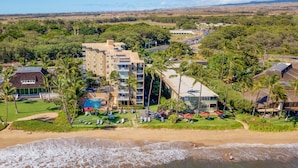 Un complejo turístico con varias edificaciones, una playa y palmeras.