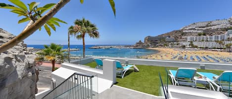 Een balkon met uitzicht op een strand, palmbomen en een heldere lucht.