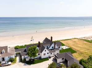 On the beach, sun-loungers, beach towels