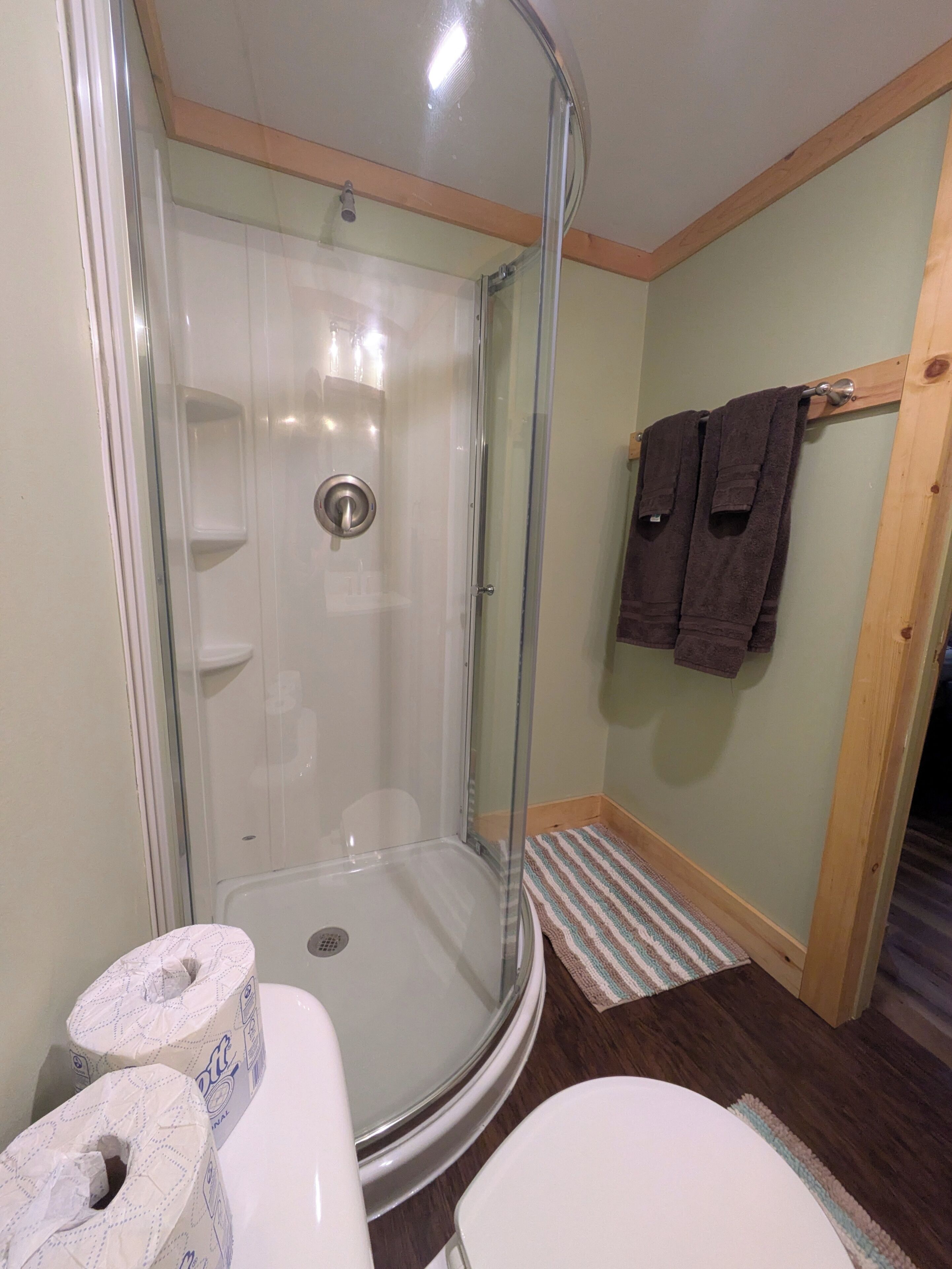 Hair dryer, towels, toilet paper