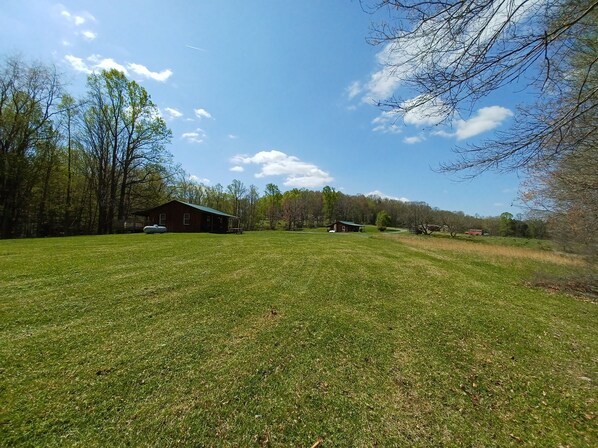 A grassy field with a wooden cabin and a red bus in the distance.