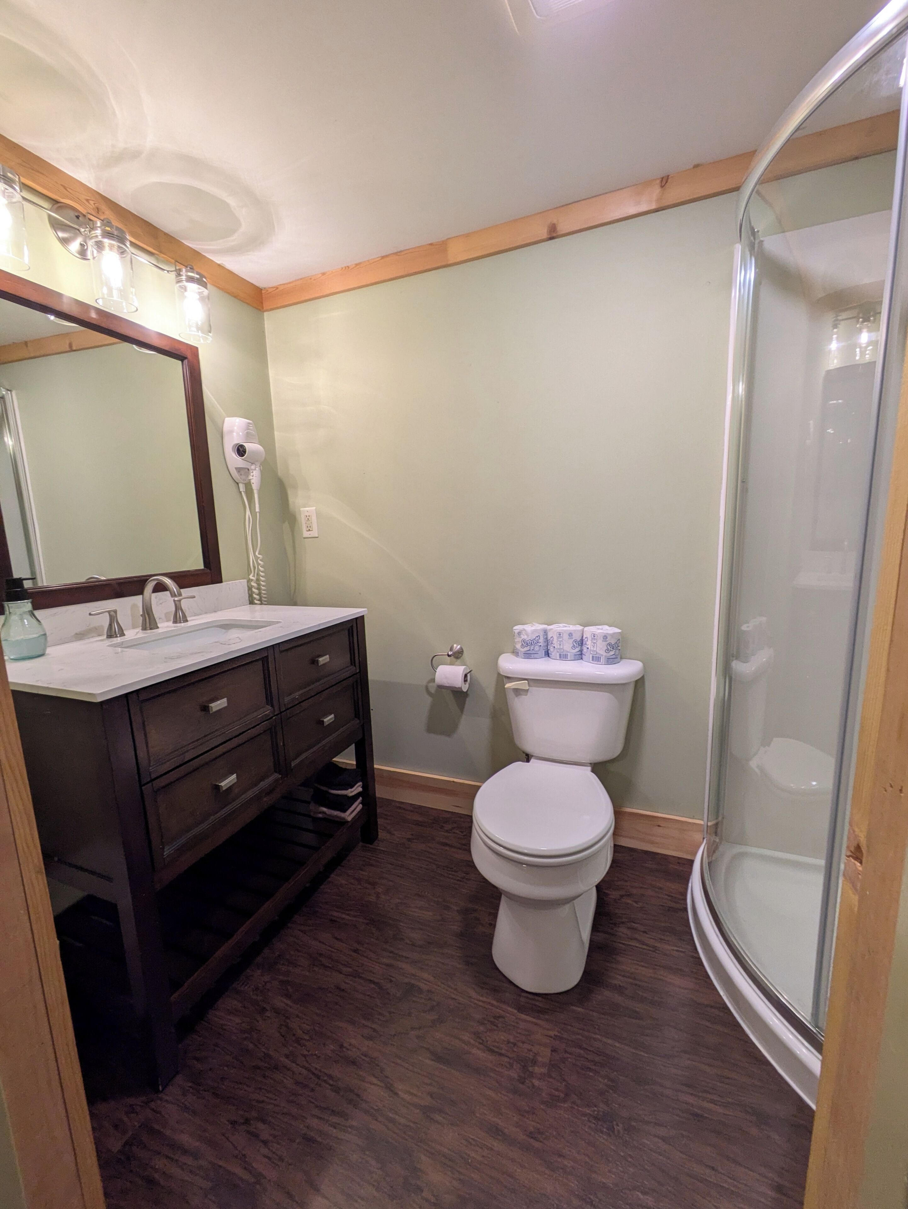 Hair dryer, towels, toilet paper
