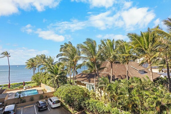 A residential area with a swimming pool, parked cars, and palm trees.