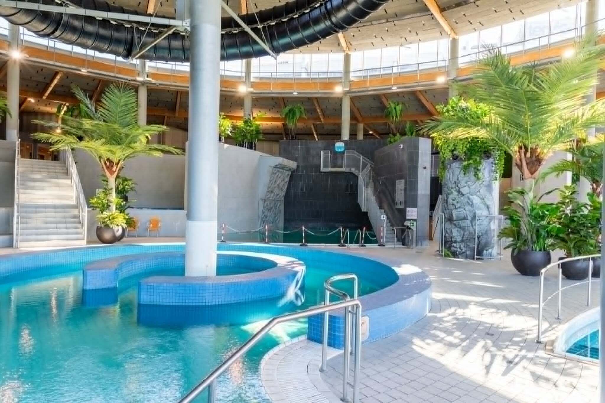 Una piscina interior de diseño curvo, rodeada de plantas en macetas y una cascada de piedra.